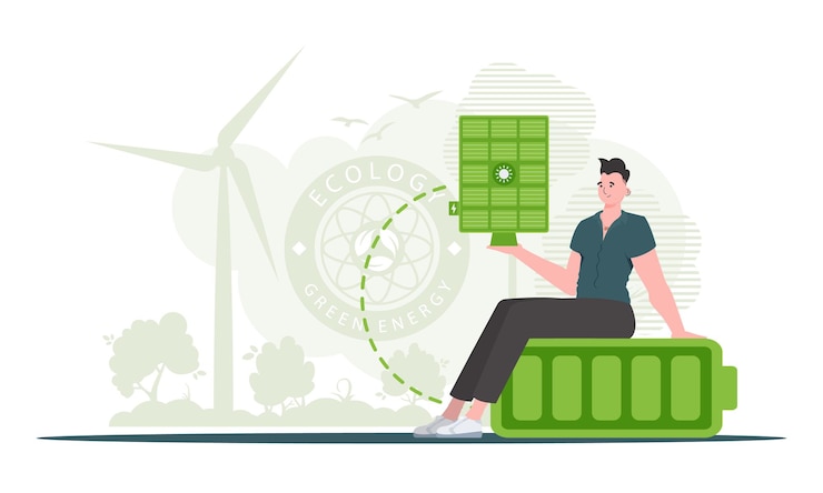 Vector groen energieconcept een man zit op een batterij en houdt een zonnepaneel in zijn handen trendy stijl vectorillustratie