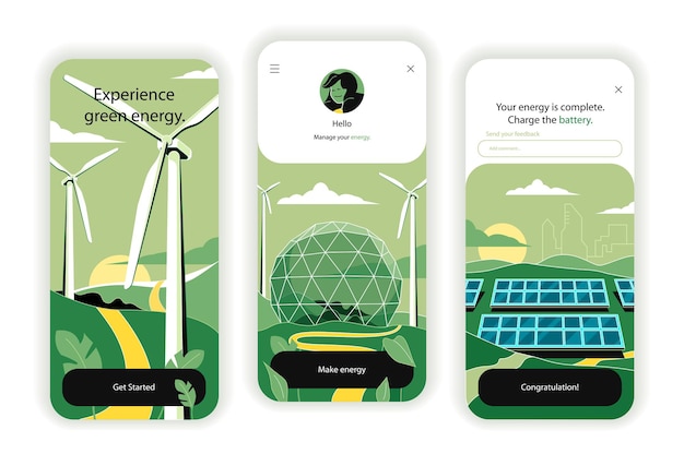 Groen energieconcept onboarding-schermen UI UX GUI gebruikersinterfacekit