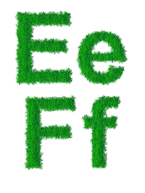 Groen gras alfabet, grote en kleine letters E, F