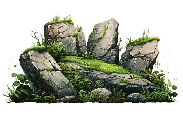 Groen gras en mos met zand en decoratieve stenen rotsen geïsoleerd op een witte achtergrond