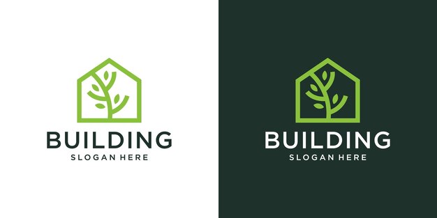 Vector groen huis logo ontwerp sjabloon blad met huis gebouw grafisch ontwerp vector illustratie symbool