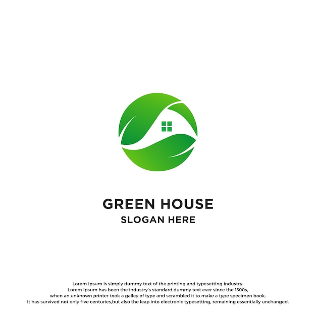 Groen huis met blad Logo-ontwerp.