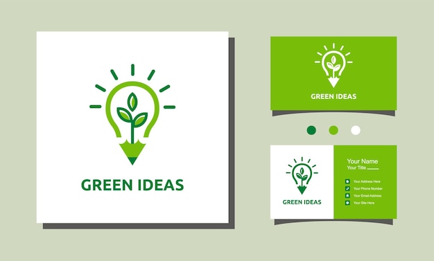 Groen idee blad potlood en gloeilamp slim logo-ontwerp