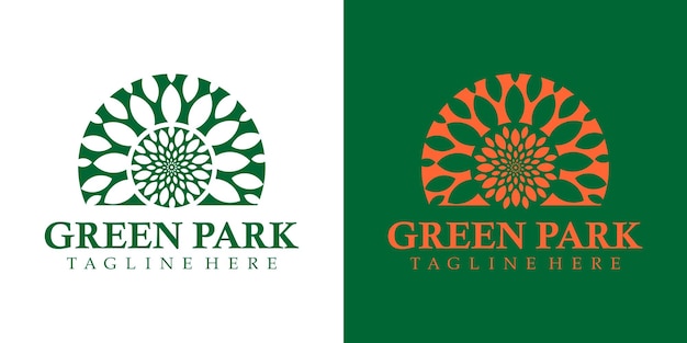 Groen park logo ontwerp boom blad wortel met negatieve ruimte stijl