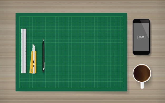 Vector groen scherp mat achtergrondbureaubvoorwerp dat op hout wordt geplaatst.