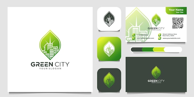 Groen stadslogo ontwerp en visitekaartje pictogram gebouw blad Premium Vector