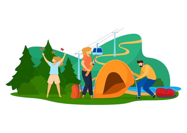 Groen toerisme, familie reizen concept, kleurrijk landschap, natuur in de zomer, cartoon stijl illustratie, geïsoleerd op wit. Outdoor activiteiten, bergbeklimmen, mensen vakantie in het bos,