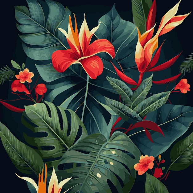 Groen tropisch woud achtergrond monstera bladeren palmbladeren takken Exotische planten achtergrond voor sjabloon voor spandoek decor ansichtkaart Abstract gebladerte en botanisch behang Vector