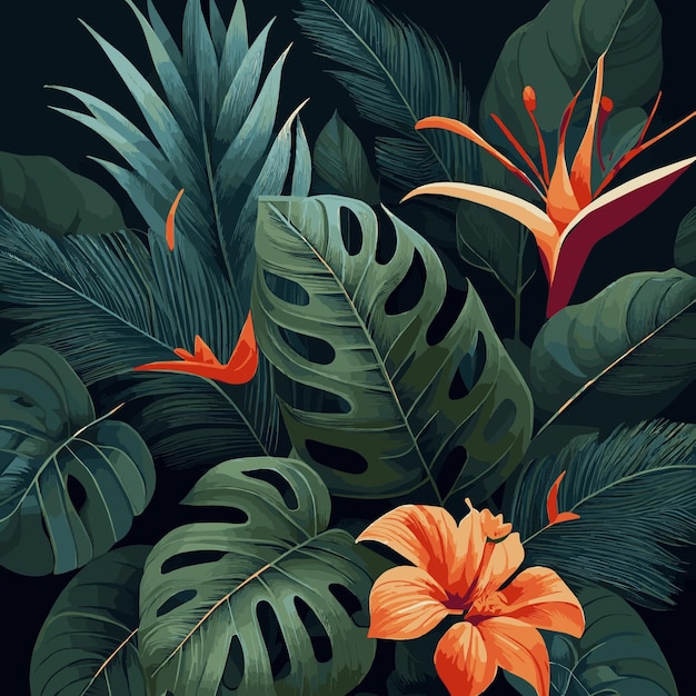 Groen tropisch woud achtergrond monstera bladeren palmbladeren takken Exotische planten achtergrond voor sjabloon voor spandoek decor ansichtkaart Abstract gebladerte en botanisch behang Vector