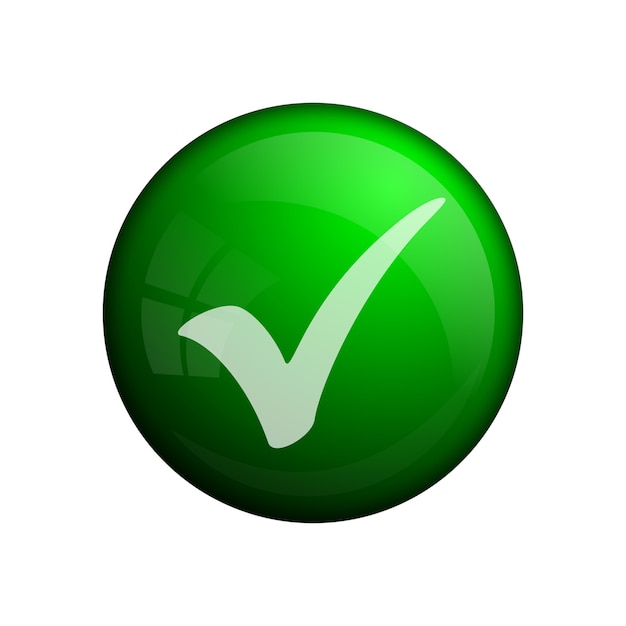 Groen vinkje badge of pictogram, conceptelement. glazen knop. Groene kleur. Modern vinkje of teken voor gebruik in web, ui, apps en games.