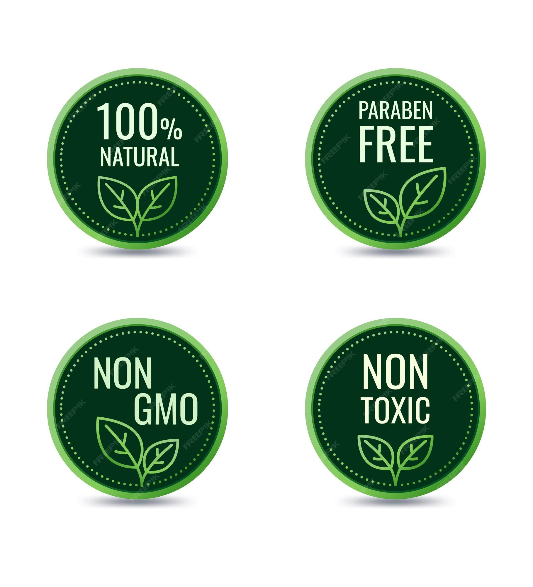 kaping voorzien Bedienen Groene 100 natuurlijke parabenen vrij niet gmo, niet giftig, label badge.  natuur blad pictogram, vector. | Premium Vector