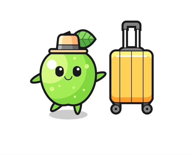 Groene appel cartoon afbeelding met bagage op vakantie, schattig stijl ontwerp voor t-shirt, sticker, logo element