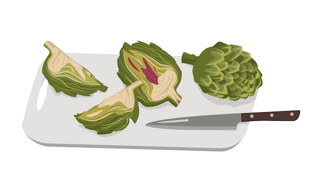 Groene artisjok in stukjes gesneden aan boord en mes. Hele en gedeeltelijke gezonde groenten en bladeren, oogsten. Heerlijk eten voor salade en koken. Platte vectorillustratie
