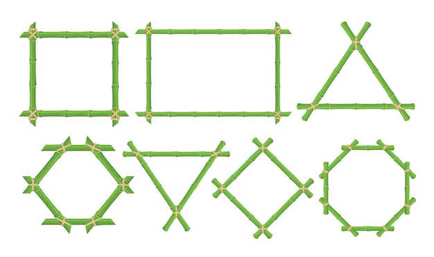 Groene bamboe frames platte illustraties set. tropische bamboetak en stam