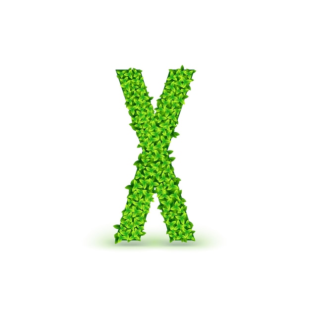 Groene bladeren lettertype. Hoofdletter X bestaande uit groene bladeren, vectorillustratie.