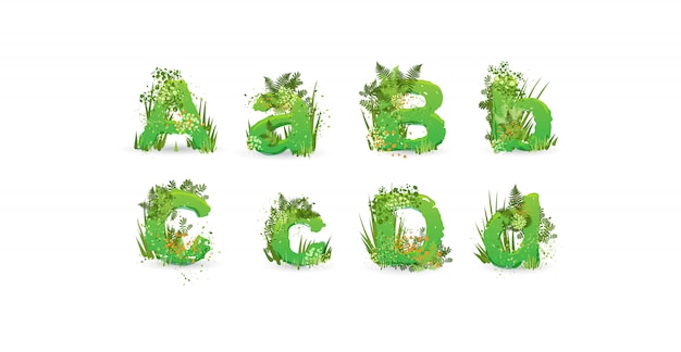 Groene bladeren vector alfabet. Stijlvol ABC met kleurrijke tropische bladeren, struiken, bloemen en natuurelementen