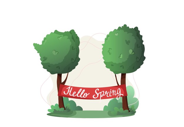 Groene bomen in het park met hallo lente lint lente illustratie concept vector