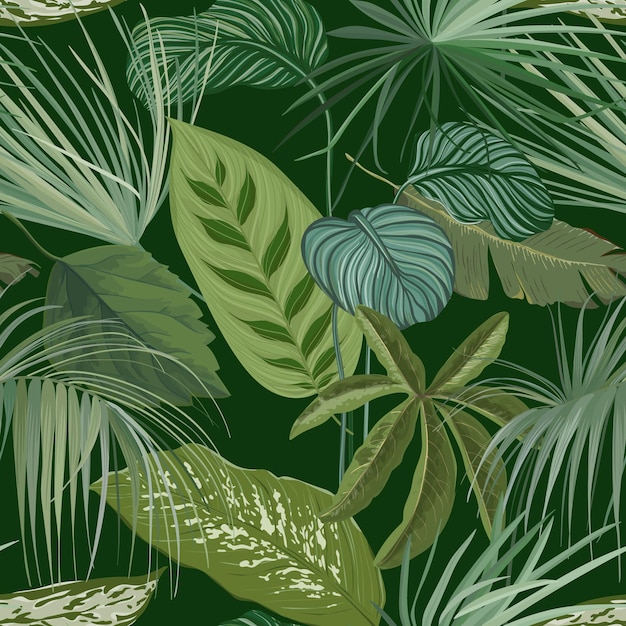 Groene botanische achtergrond met tropische bladeren en takken, naadloze patroon, realistische Spathiphyllum Cannifolium inpakpapier of textiel Print, regenwoud Wallpaper Ornament. vectorillustratie