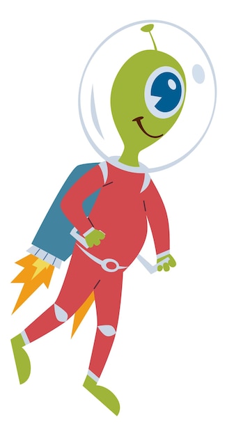 Groene buitenaardse vliegende op jetpack Grappige cartoon personage