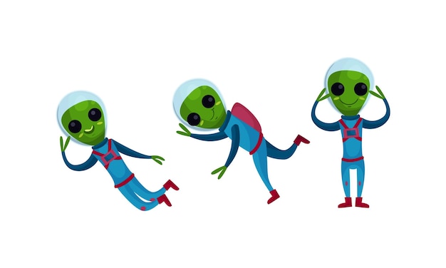 Groene buitenaardse wezens in ruimtetuig staan en zwaaien met de hand vector set