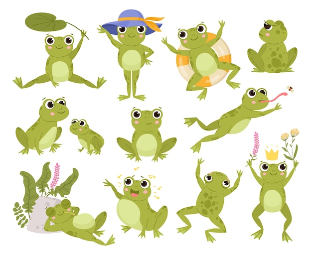 Groene cartoon kikkers actieve water dieren schattige amfibieën platte vector illustraties set