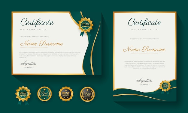 Groene certificaat van prestatie-sjabloon met gouden badge