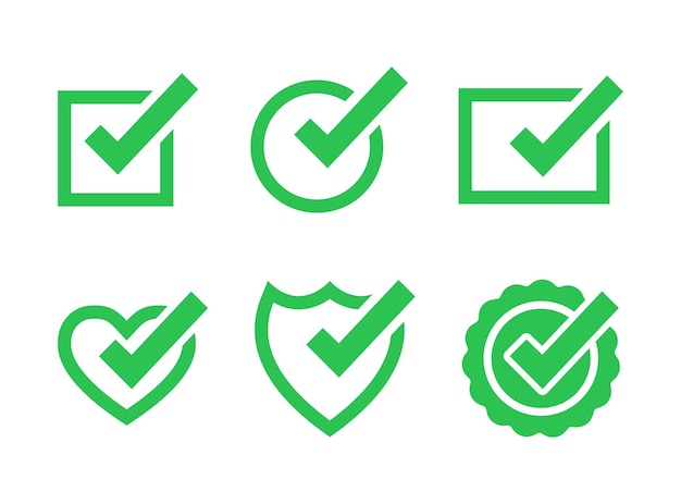 Groene check marks cirkeldoos rechthoek hart schild en prijs iconen