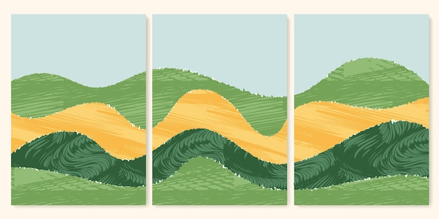 Groene collage abstracte veld achtergrond vector illustratie patroon met getextureerde natuur organische vorm met krabbel Set van a4 verticale poster hedendaagse achtergrond collectie boekomslag decor