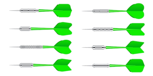 Vector groene dart pijlen met metalen punt geïsoleerd op witte achtergrond dart gooien sport spel dartboard