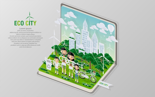 Groene eco-stad en leven met pop-upconcept Vectorillustratie in plat ontwerp