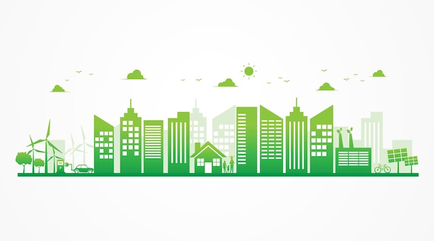 Groene ecologie stad duurzame energie en milieu. Schoon hernieuwbare energieconcept.