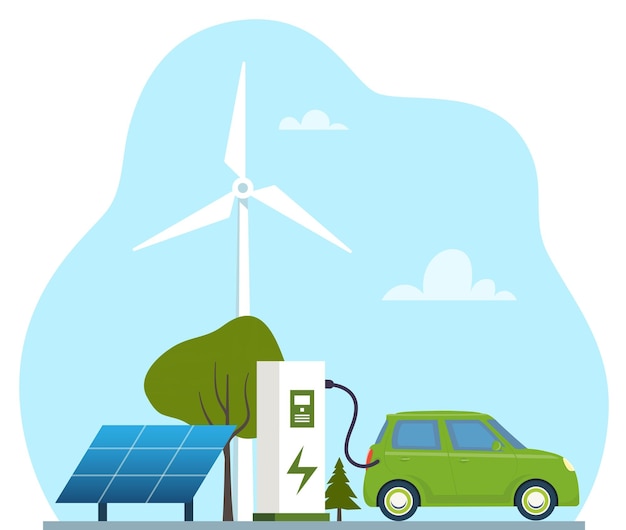 Groene elektrische auto opladen zijaanzicht ecologisch schoon vervoer ecocity elektrische auto opladen