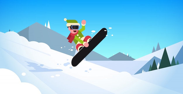 groene elf doet sprong op snowboard