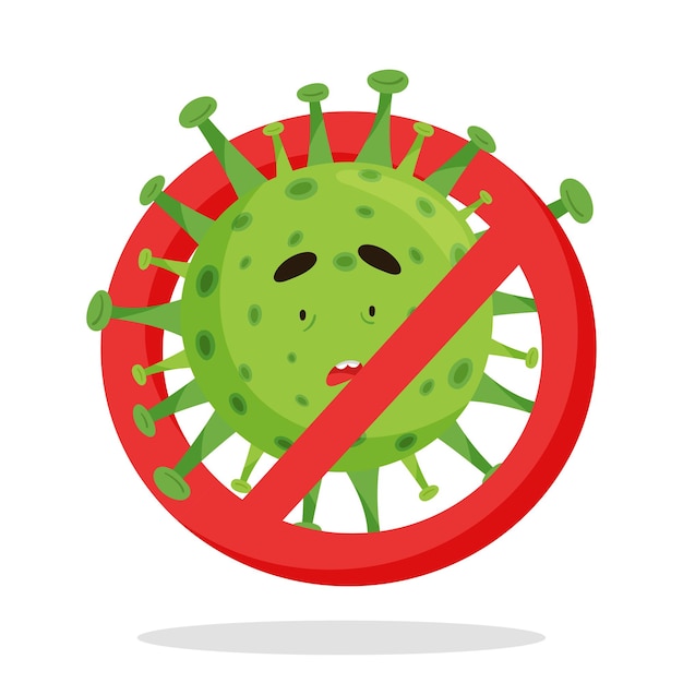 Groene emoji verdrietig coronovirus covid19 in een rood verbodsbord rond met spikes