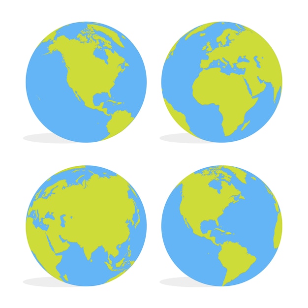 Groene en blauwe cartoon wereld kaart globe set vectorillustratie