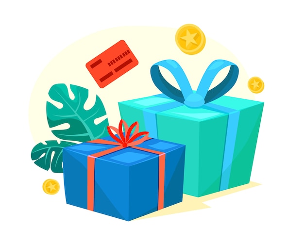 Groene en blauwe geschenkdozen met rood lint, bonusgeld, punten verdienen, loyaliteitsprogramma