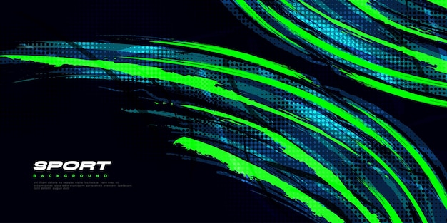 Vector groene en blauwe penseelillustratie met halftone-effect geïsoleerd op zwarte achtergrond sport achtergrond met grunge-stijl scratch en textuurelementen voor ontwerp