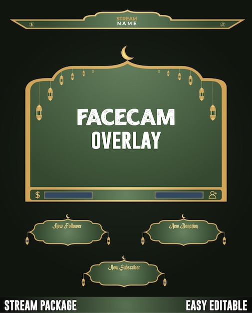 Vector groene en gouden overlay facecam-waarschuwingen stream-elementontwerp