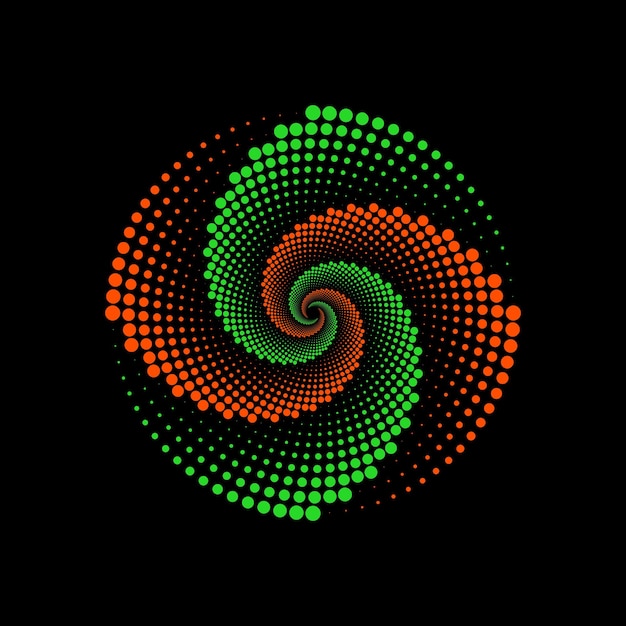 Groene en oranje gestippelde spiraalvormige vortexcirkel op een zwarte achtergrond. Wervelende stippen patroon vector.