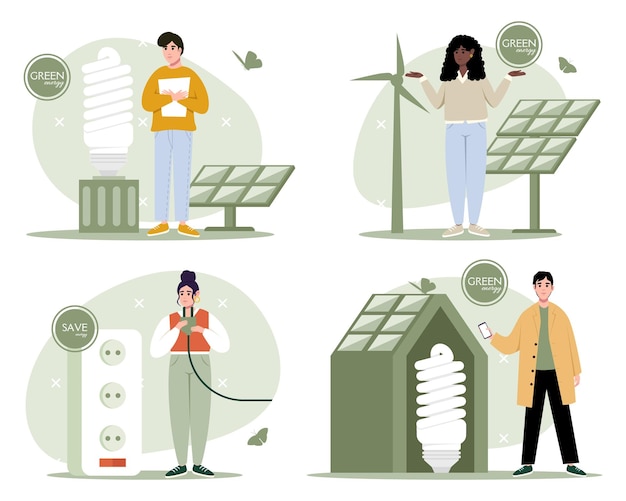 Groene energie illustratie set karakters verminderen energieverbruik thuis energiebesparend concept