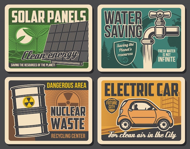 Groene energie, waterbesparing, posters voor elektrische auto's