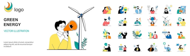 Groene energieconcept met karaktersituaties megaset Bundel van scènes mensen die alternatieve schone energiebronnen gebruiken met windturbines of zonnepanelen Vectorillustraties in plat webdesign