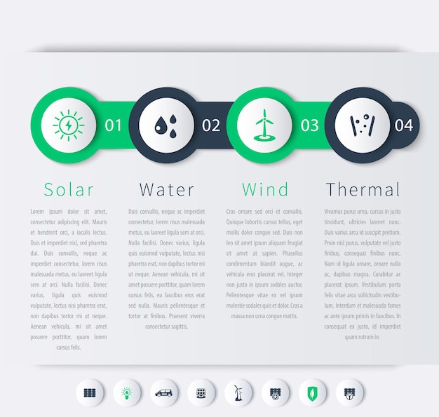 Groene energieoplossingen, zonne-, wind-, geothermische, infographic elementen, tijdlijn