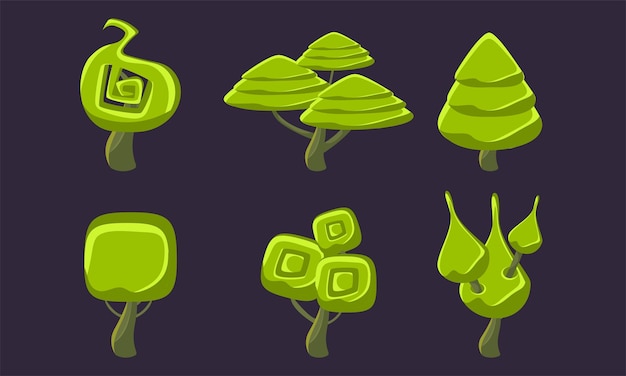 Groene Fantasy Shape Trees Set Fantastic Forest Elements Game Ui Scenics Vector Illustratie