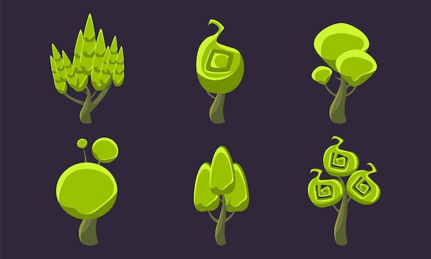 Groene Fantasy Shape Trees Set Fantastic Landscape Elements Game Ui Scenics Vector Illustratie