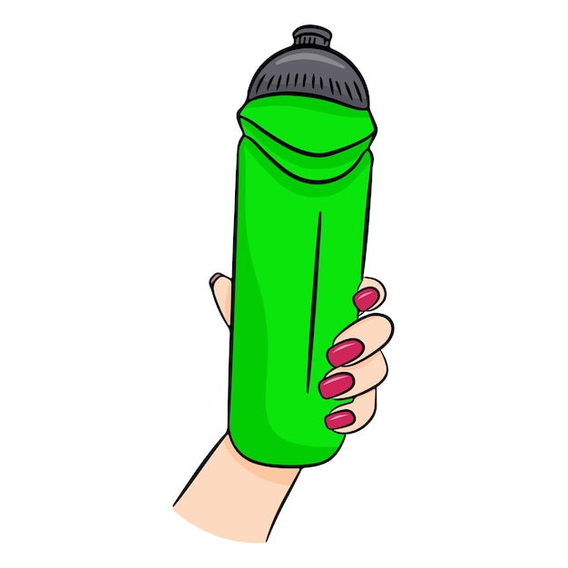 Groene fitness waterfles in een mooie vrouwelijke hand vectorillustratie geïsoleerd op een witte achtergrond