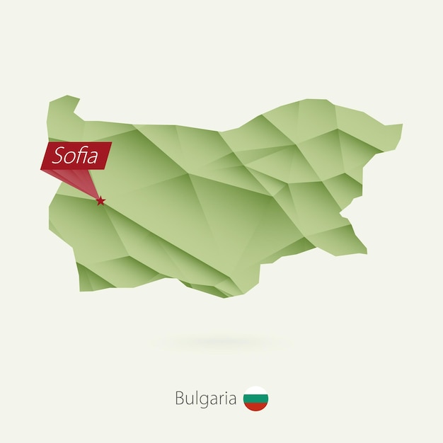 Groene gradiënt laag poly kaart van Bulgarije met hoofdstad Sofia