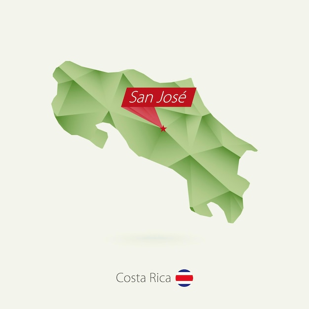 Groene gradiënt laag poly kaart van Costa Rica met hoofdstad San Jose