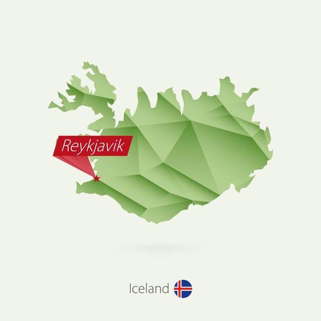 Groene gradiënt laag poly kaart van IJsland met hoofdstad Reykjavik