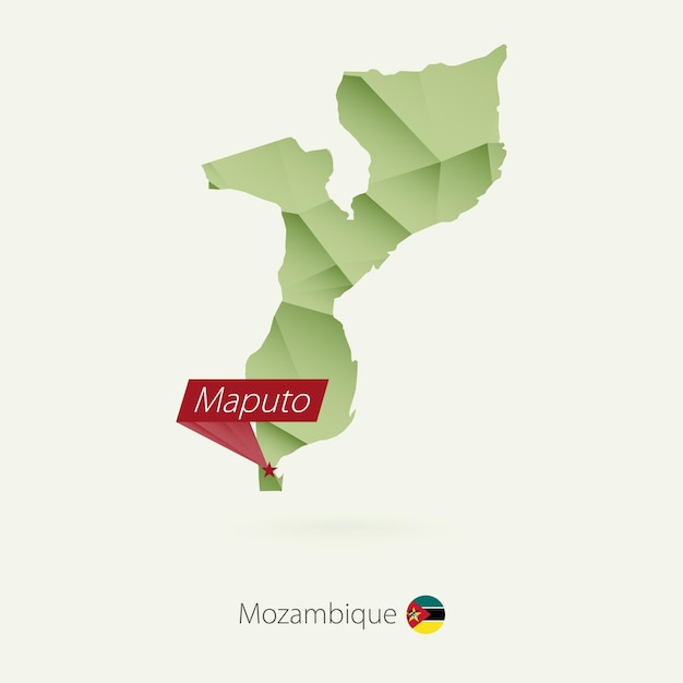 Groene gradiënt laag poly kaart van Mozambique met hoofdstad Maputo